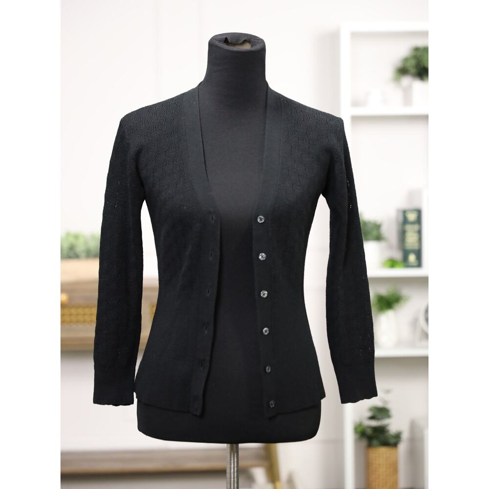 Quiet Luxe Parisian Chic Rebecca Taylor Black Pointelle Wool Cardigan Capsule XS - Picture 3 of 14